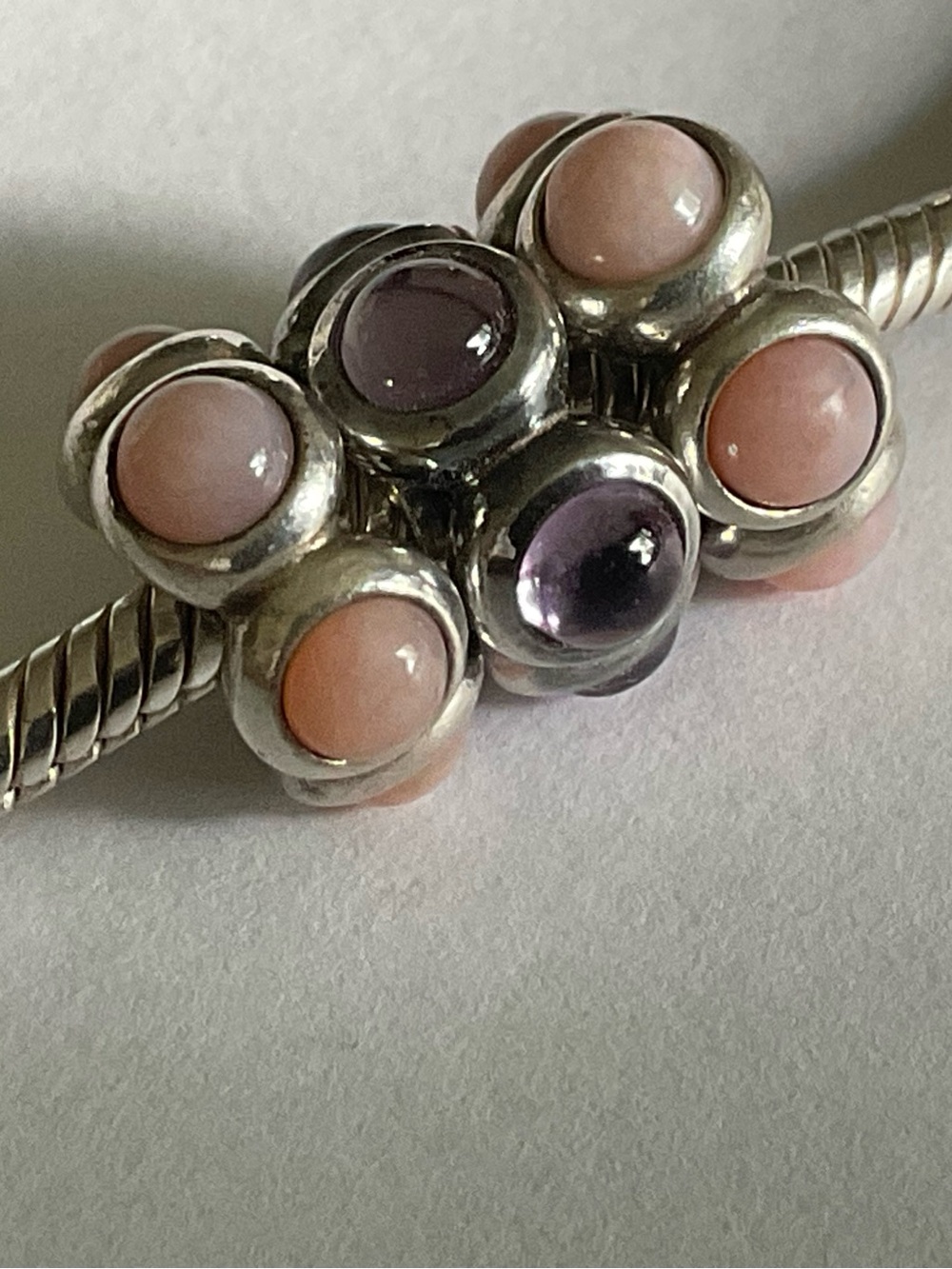 Pandora Sterling Silver Pink Coral and Purple Amethyst Cluster Bead